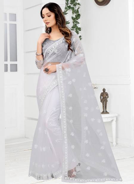 White Colour New Designer Stylish Party Wear Net Fancy Saree Collection 5734